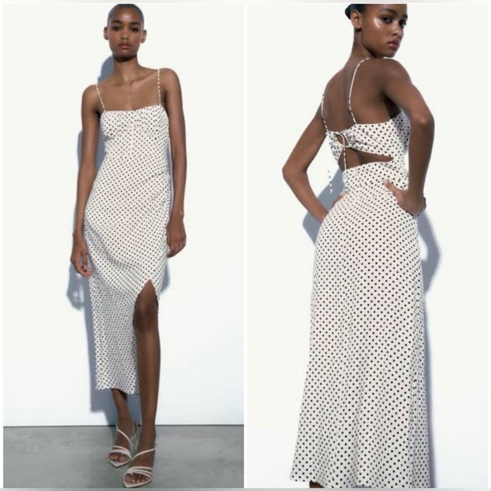 Zara White Polka Dot Midi Linen Dress
